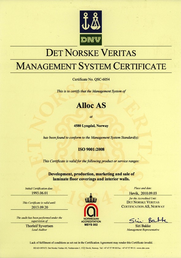 Alloc Сертификат качества ISO 9001
